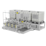 A 4-pump MEG injection package featuring powder-coated skid frame and 4x IBC chemical tanks