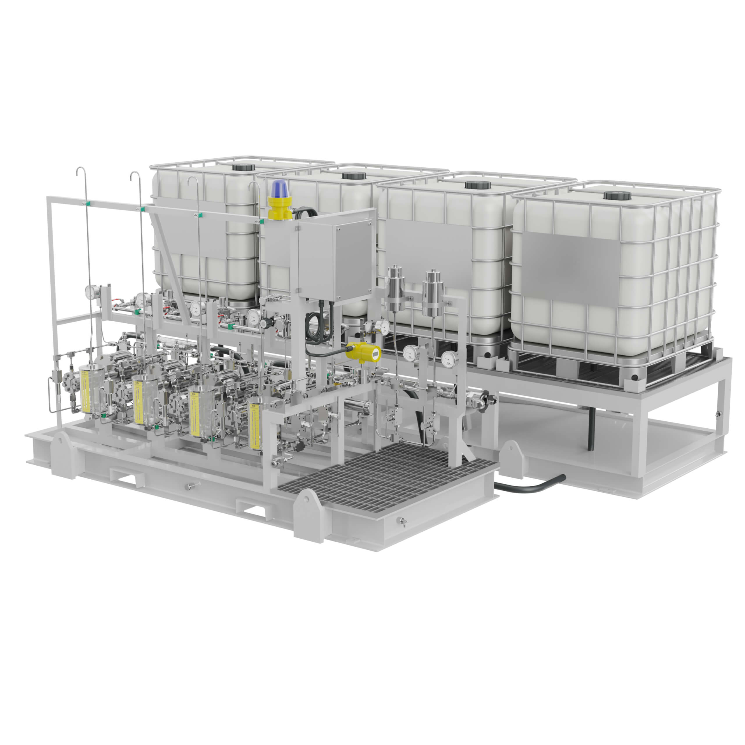 A 4-pump MEG injection package featuring powder-coated skid frame and 4x IBC chemical tanks