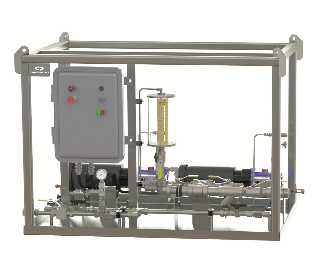electric pump featuring hydraulically actuated balanced diaphragms in a stainless frame with control panel