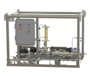 electric pump featuring hydraulically actuated balanced diaphragms in a stainless frame with control panel