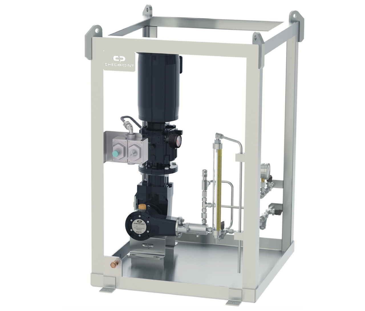 scalable, modular electric plunger pump package with variator, vertical motor, and stainless frame
