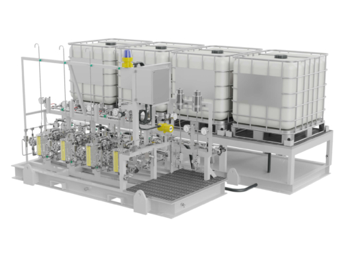 A 4-pump MEG injection package featuring powder-coated skid frame and 4x IBC chemical tanks
